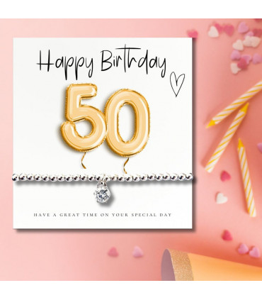 50th Birthday Gold Balloons - Bracelet & Message Card