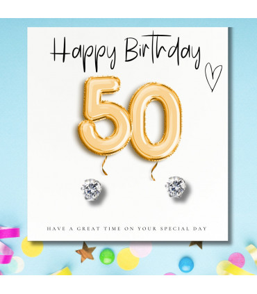50th Birthday Gold Balloons - Earrings & Message Card
