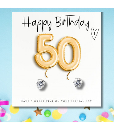 50th Birthday Gold Balloons - Earrings & Message Card