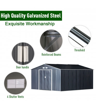 6.5 x 11FT Foundation Ventilation Steel Outdoor Garden Shed Grey