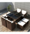 9 Piece Outdoor Dining Set with Cushions Poly Rattan Brown