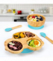 Bamboo Car Plate Bowl & Spoon Set Suction Bowl Stay-Put Design for Kids - BLUE