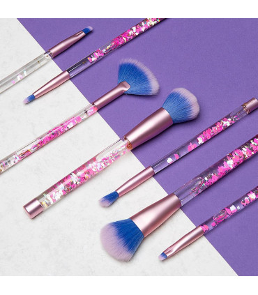 Aquarius Cosmic Makeup 7pcs Brush Set With Liquid Glitter Handle, Pink w/ Purple