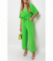 V Neck Tie Waist Short Sleeve Jumpsuit