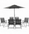 Outsunny 8 Pieces Garden Table and Chairs with Parasol Tempered Glass Top Black