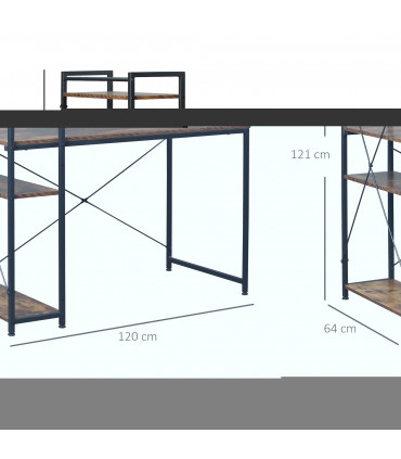 Computer Desk Rustic Brown 120cm x 64cm x 121cm 4-tier Bookshelf Storage