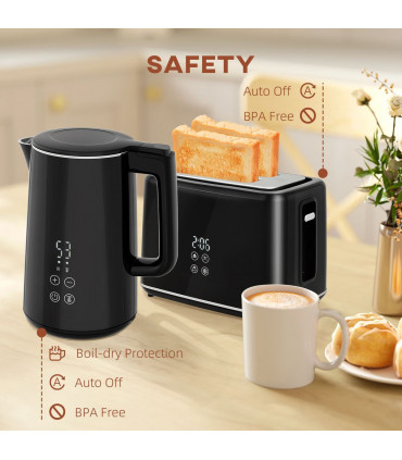 HOMCOM 1.5L 3000W Fast Boil Electric Kettle and 2 Slice Toaster Set, Black