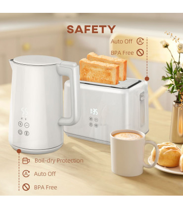HOMCOM 1.5L 3000W Fast Boil Electric Kettle and 2 Slice Toaster Set, White