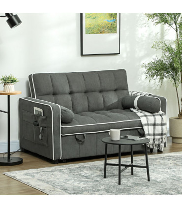 HOMCOM 2 Seater Pull Out Sofa Bed with Adjustable Backrest, Charcoal Grey