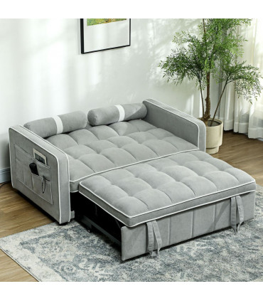 HOMCOM 2 Seater Pull Out Sofa Bed with Adjustable Backrest, Light Grey