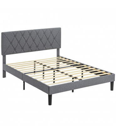 HOMCOM Double Bed Frame with 5-Level Adjustable Linen Headboard