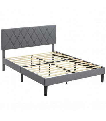 HOMCOM Double Bed Frame with 5-Level Adjustable Linen Headboard