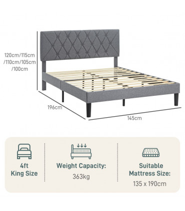 HOMCOM Double Bed Frame with 5-Level Adjustable Linen Headboard