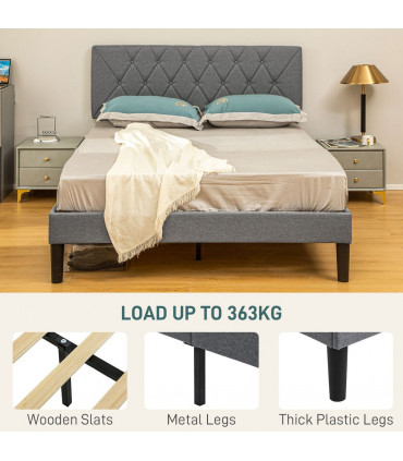 HOMCOM Double Bed Frame with 5-Level Adjustable Linen Headboard