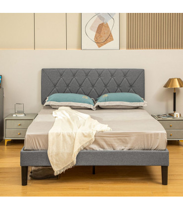 HOMCOM Double Bed Frame with 5-Level Adjustable Linen Headboard