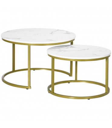 HOMCOM Marble Coffee Table Set of 2, Round Nest of Tables for Living Room
