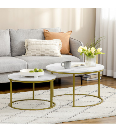 HOMCOM Marble Coffee Table Set of 2, Round Nest of Tables for Living Room
