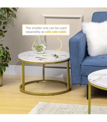 HOMCOM Marble Coffee Table Set of 2, Round Nest of Tables for Living Room