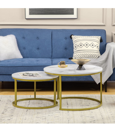 HOMCOM Marble Coffee Table Set of 2, Round Nest of Tables for Living Room