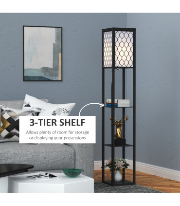 Floor Lamp 4-tier Open Shelves Wooden, 26L x 26W x 160Hcm-Black/White