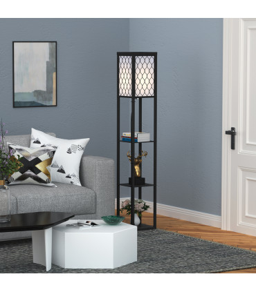 Floor Lamp 4-tier Open Shelves Wooden, 26L x 26W x 160Hcm-Black/White