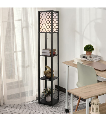 Floor Lamp 4-tier Open Shelves Wooden, 26L x 26W x 160Hcm-Black/White