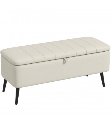 HOMCOM Storage Ottoman Bench, Linen Fabric Footstool with Steel Legs Cream White