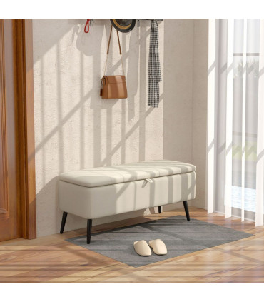 HOMCOM Storage Ottoman Bench, Linen Fabric Footstool with Steel Legs Cream White