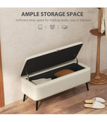 HOMCOM Storage Ottoman Bench, Linen Fabric Footstool with Steel Legs Cream White