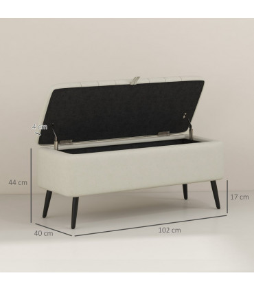 HOMCOM Storage Ottoman Bench, Linen Fabric Footstool with Steel Legs Cream White