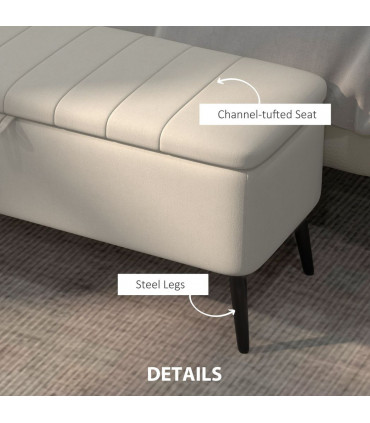 HOMCOM Storage Ottoman Bench, Linen Fabric Footstool with Steel Legs Cream White