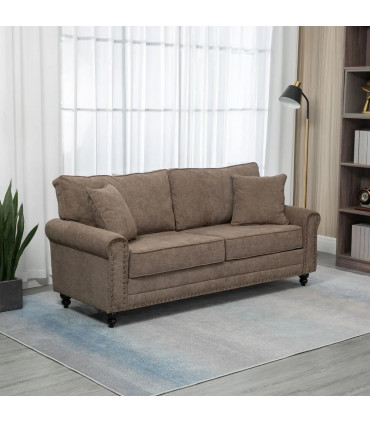Fabric Brown  Seater Sofa Nailhead Trim Cushions Throw Pillows 196W x 80.5Dcm