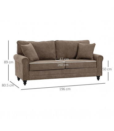 Fabric Brown  Seater Sofa Nailhead Trim Cushions Throw Pillows 196W x 80.5Dcm