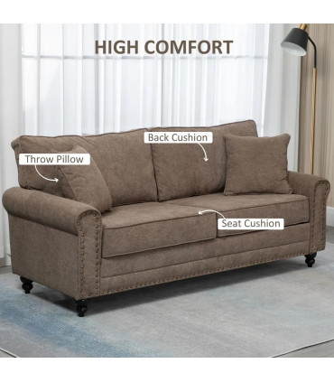 Fabric Brown  Seater Sofa Nailhead Trim Cushions Throw Pillows 196W x 80.5Dcm