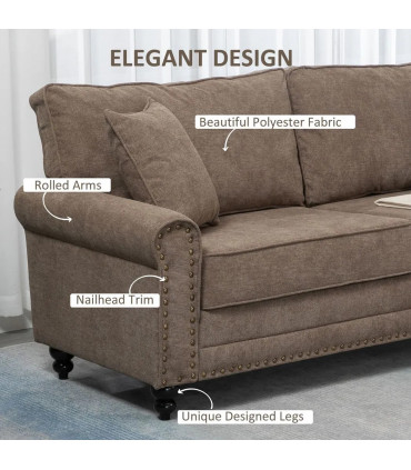 Fabric Brown  Seater Sofa Nailhead Trim Cushions Throw Pillows 196W x 80.5Dcm