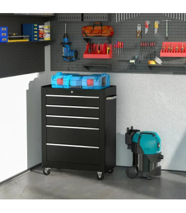 5-Drawer Lockable Steel Tool Storage Cabinet w/ Wheels Handle 2 Keys Black