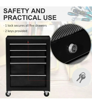 5-Drawer Lockable Steel Tool Storage Cabinet w/ Wheels Handle 2 Keys Black