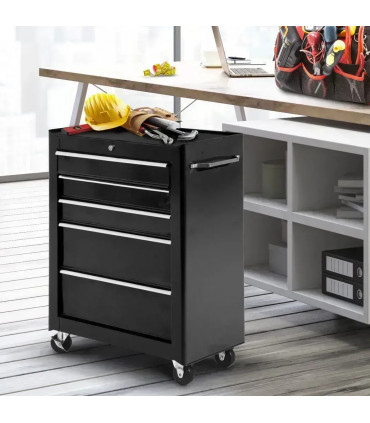 5-Drawer Lockable Steel Tool Storage Cabinet w/ Wheels Handle 2 Keys Black