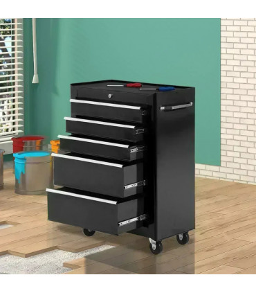 5-Drawer Lockable Steel Tool Storage Cabinet w/ Wheels Handle 2 Keys Black