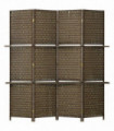 4-Panel Folding Wall Divider Room w/ Shelves, Privacy Screen Panels, Brown