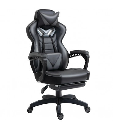 Gaming Chair Ergonomic Reclining w/ Manual Footrest Wheels Stylish Office Grey