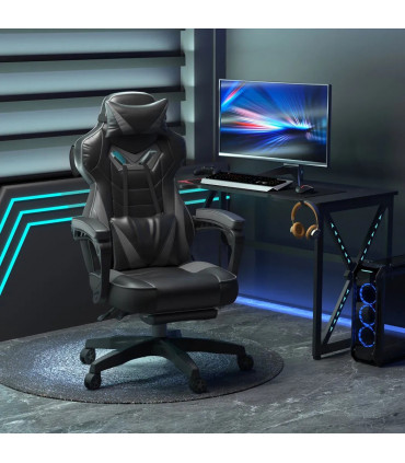 Gaming Chair Ergonomic Reclining w/ Manual Footrest Wheels Stylish Office Grey