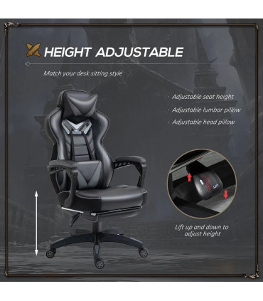 Gaming Chair Ergonomic Reclining w/ Manual Footrest Wheels Stylish Office Grey