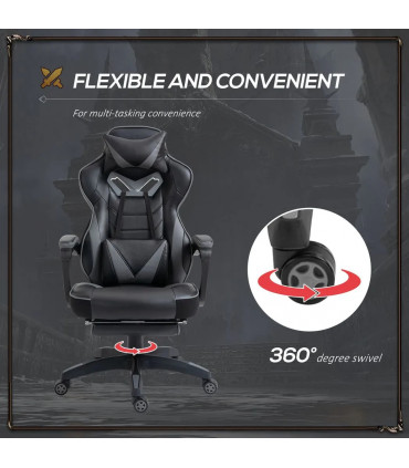 Gaming Chair Ergonomic Reclining w/ Manual Footrest Wheels Stylish Office Grey
