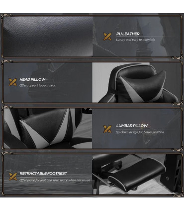 Gaming Chair Ergonomic Reclining w/ Manual Footrest Wheels Stylish Office Grey