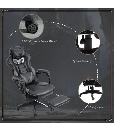 Gaming Chair Ergonomic Reclining w/ Manual Footrest Wheels Stylish Office Grey