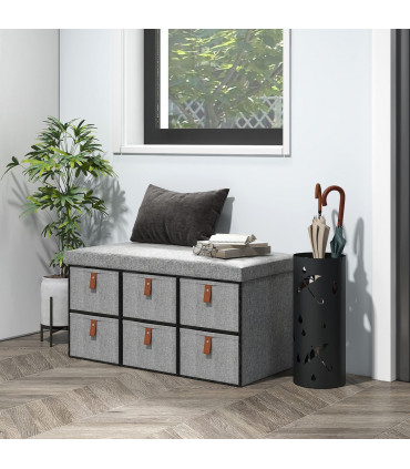 HOMCOM Shoe Bench with Cushioned Seat, 6 Fabric Drawers for Entryway Hallway