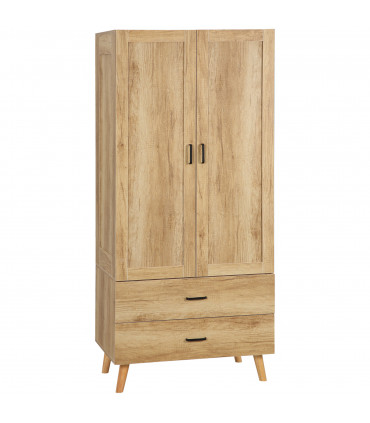 2 Door Wardrobe, Modern Wardrobe w/ 2 Drawer, Hanging Rail for Bedroom Natural