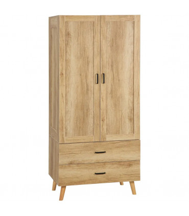 2 Door Wardrobe, Modern Wardrobe w/ 2 Drawer, Hanging Rail for Bedroom Natural