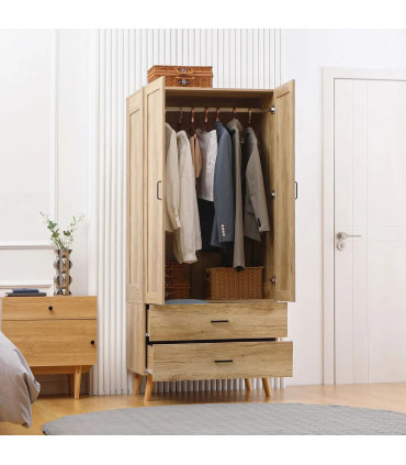 2 Door Wardrobe, Modern Wardrobe w/ 2 Drawer, Hanging Rail for Bedroom Natural